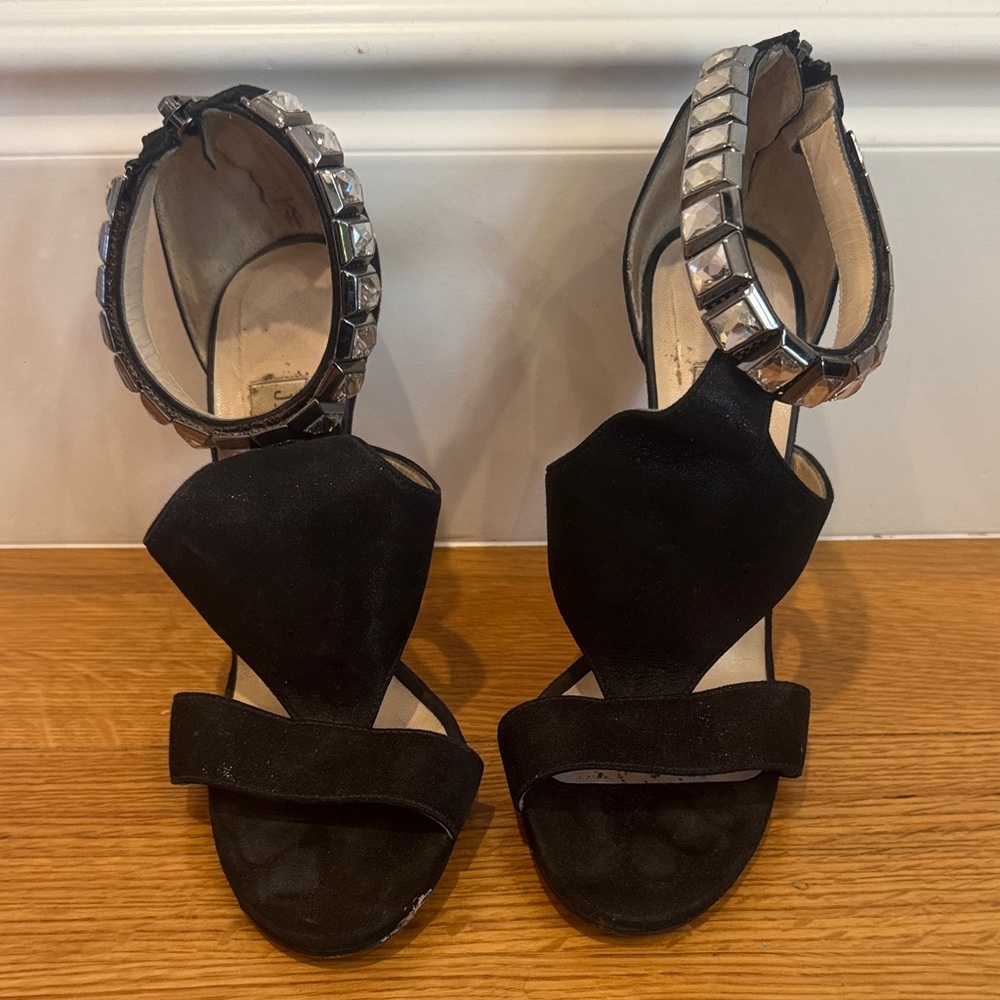 Jimmy Choo black suede crystal stone sandal heel